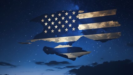 A deep blue night-sky abstract with scattered white stars and a faint, deconstructed American flag overlay creates a professional, elegant patriotic look.