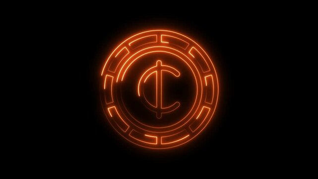 Digital cryptocurrency symbol bright neon glow with geometric circular pattern and black background
