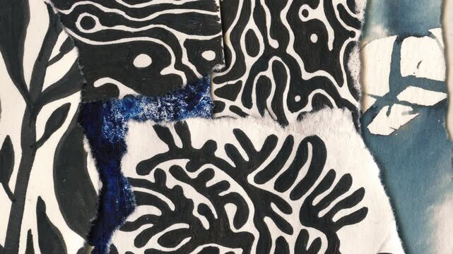 Macro stop-motion animation. A dynamic collage of torn paper scraps with abstract black, white, and blue graphic patterns creates a textured background.