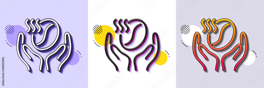 Poster coffee line icon. halftone dotted pattern. gradient icon with grain shadow. hold roasted bean sign. 