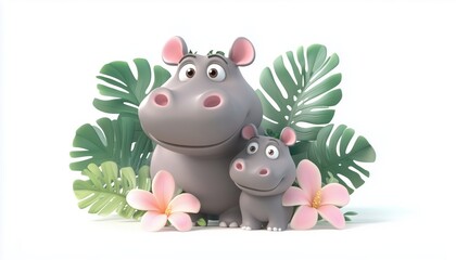 Adorable Water Scene: Mother And Baby Hippo With Flower Leaves In Tropical Setting. Cute Bond Between Mom And Kid Displayed.