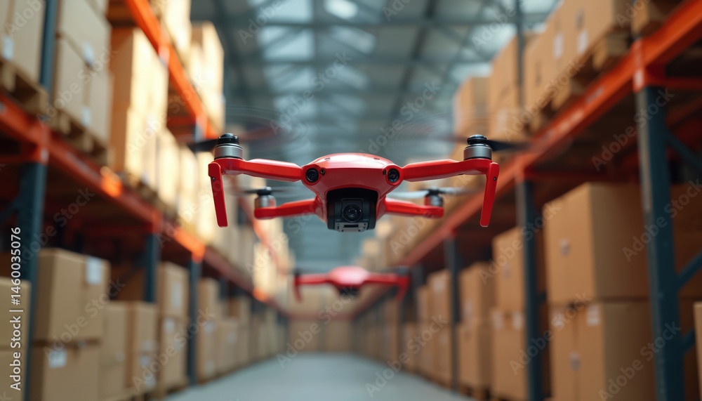 Poster red drones fly in warehouse with shelves filled boxes. modern logistics delivery tech in action. aut