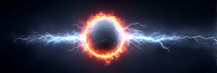 Fiery Soccer Ball Energy - A soccer ball engulfed in flames and surrounded by electric energy, symbolizing passion, power, competition, intensity, and victory