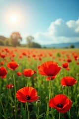 Fototapeta premium Crimson poppies sway gently in a sun-drenched field , image, carpet of flowers