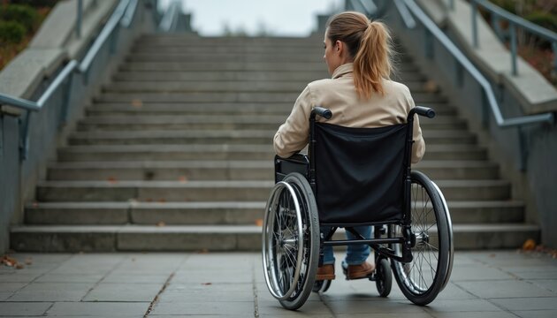 Young caucasian woman in wheelchair faces staircase. Frustrated person seeks accessible way. Disability handicap challenges, overcoming barriers, mobility. Concept inclusion, accessibility, mobility