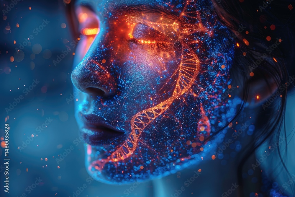 Poster close-up view of a face with glowing dna patterns.