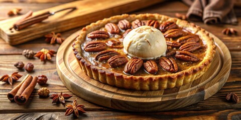 Fototapeta premium Pecan Pie with a Scoop of Vanilla Ice Cream, Decorated with Star Anise and Cinnamon Sticks on a Rustic Wooden Table