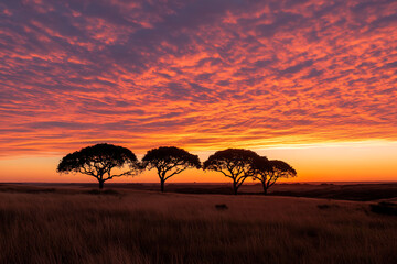 Fototapeta na wymiar African Sunset Silhouettes: A serene landscape featuring silhouette trees against a vibrant, fiery sunset. Majestic nature scene in the grasslands.