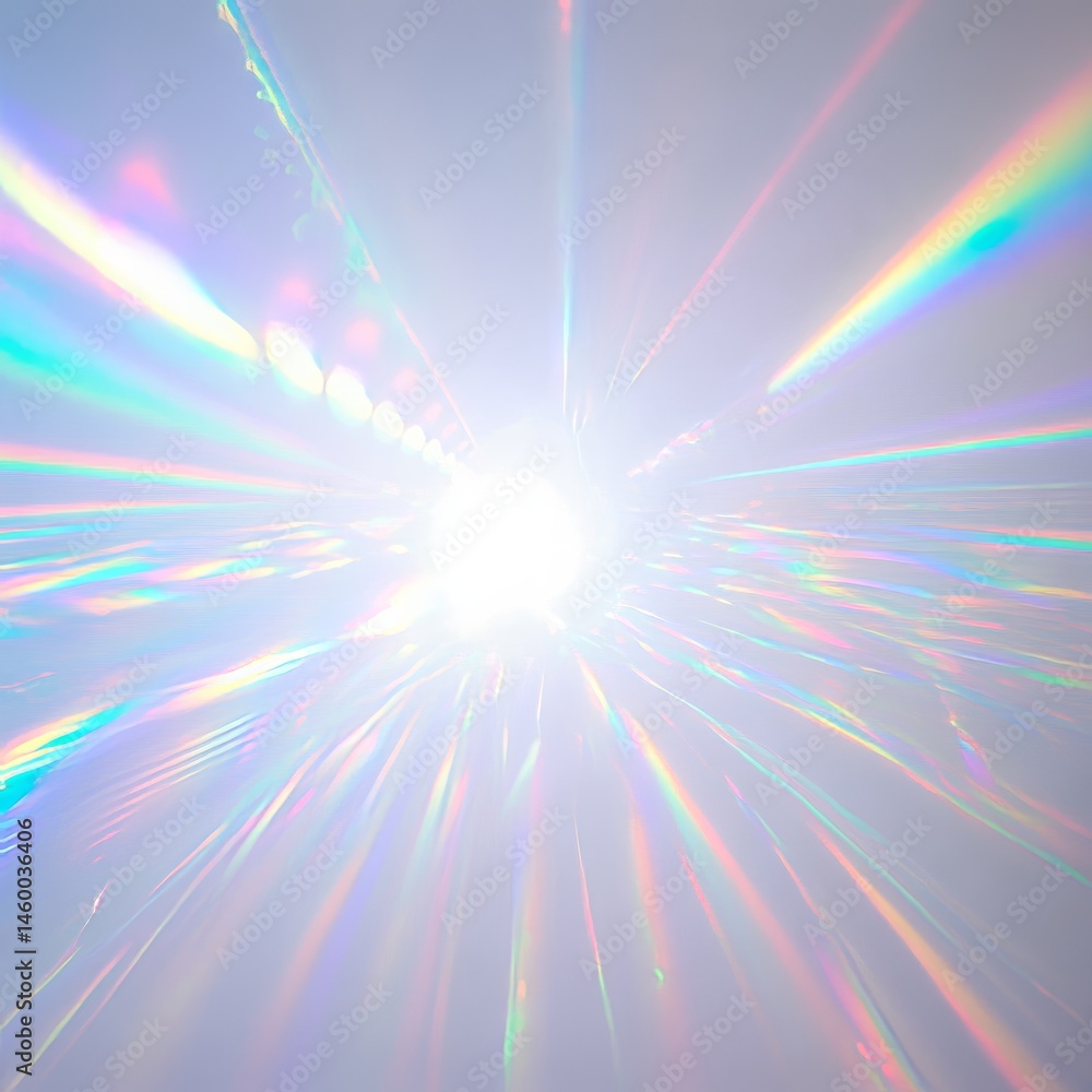 Poster radiant rays of light project through an abstract background with colorful reflections and dazzling 
