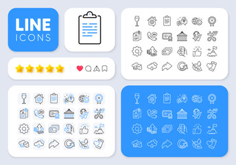 Work home, Leaf dew and Certificate line icons for web app. Message, Share, Like social media icons. Pack of Reject medal, Card, Inflation pictogram icons. Fitness, Wine glass, Potato signs. Vector