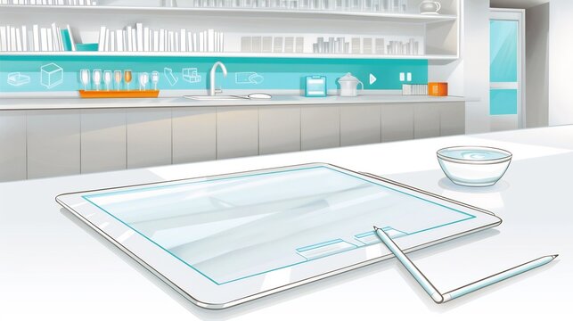 illustration vector graphic designer using stylus large tablet interface elements blue orange accents clean white workspace light grey backdrop simple shapes clean lines modern tech Minimalist