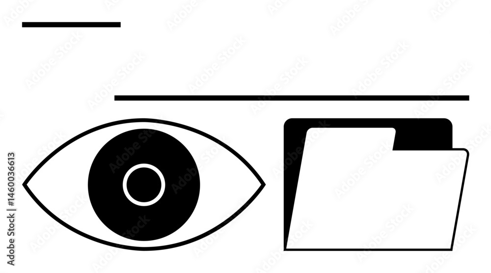 Poster eye symbol observing a file folder, lines suggesting interface elements. ideal for technology, priva
