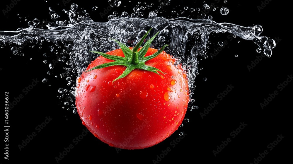 Poster fresh tomato splash - a vibrant red tomato submerged in water, creating a dynamic splash against a b