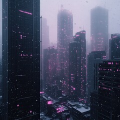 Futuristic city shrouded in snow, illuminated by vibrant pink lights