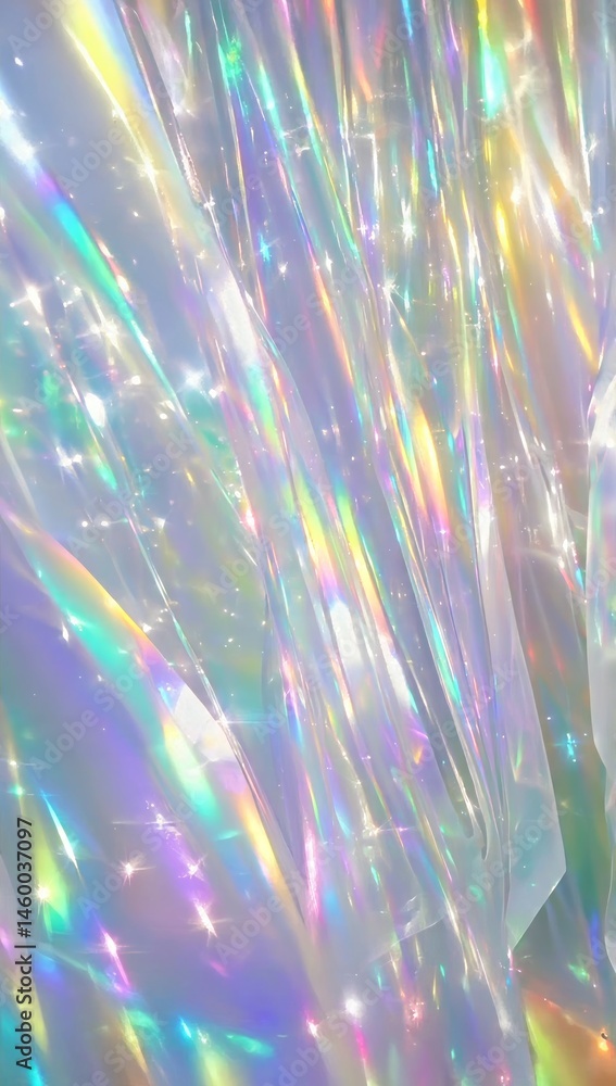 Poster abstract design featuring shimmering light reflections and colorful hues on translucent material dur