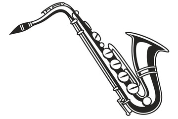 59 Silhouette of a saxophone, black and white illustration, musical instrument, jazz icon, smooth curves, detailed keys and mechanisms, side profile, iconic shape, minimalist design, high contrast, ve