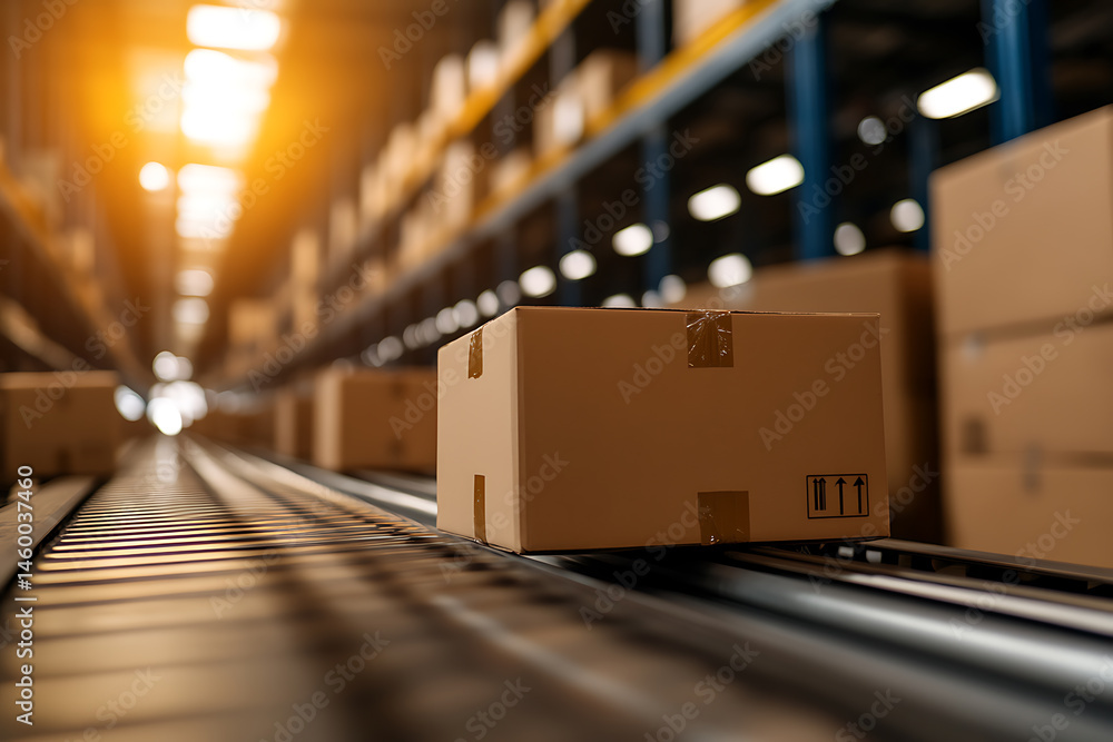 Poster packages on conveyor in warehouse. efficient logistics operation. boxes are moved automatically, sho