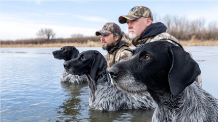 German Wirehaired Pointers and Hunters in Water - Three hunters and their German Wirehaired Pointers enjoying a successful duck hunt. Teamwork, companionship, outdoor adventure, wildlife