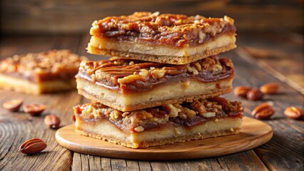 A stack of delicious pecan bars with a sweet caramel filling on a wooden cutting board, surrounded by scattered nuts.