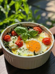 White ceramic dish with a serving of food in it. the dish appears to be a baked omelette with a fried egg on top. the egg is cooked sunny-side up and has a runny yolk.