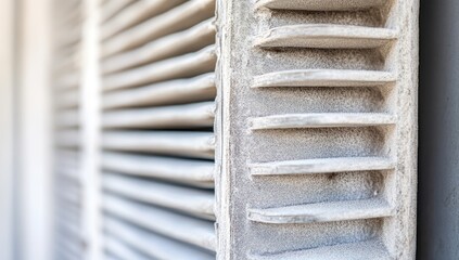 Close-up of a dusty ventilation grille. A section of a dirty, light-gray metal ventilation system with parallel slats