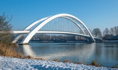 Modern white arch bridge spanning a calm river, snow dusting the banks under a clear blue sky
