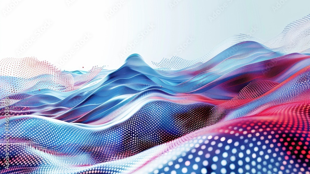 Poster swirling picture of red ray and blue light sparkling particles scattered across a space background, 