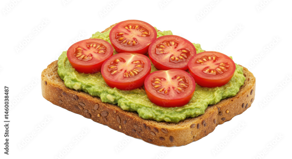 Poster a close up of a slice of toast topped with avocado and sliced tomatoes on a light colored surface vi