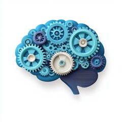 A stylized brain made of blue gears symbolizes thinking, intelligence, and mechanical processes.