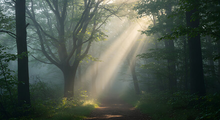 Fototapeta premium Sunlit Path Through Misty Forest