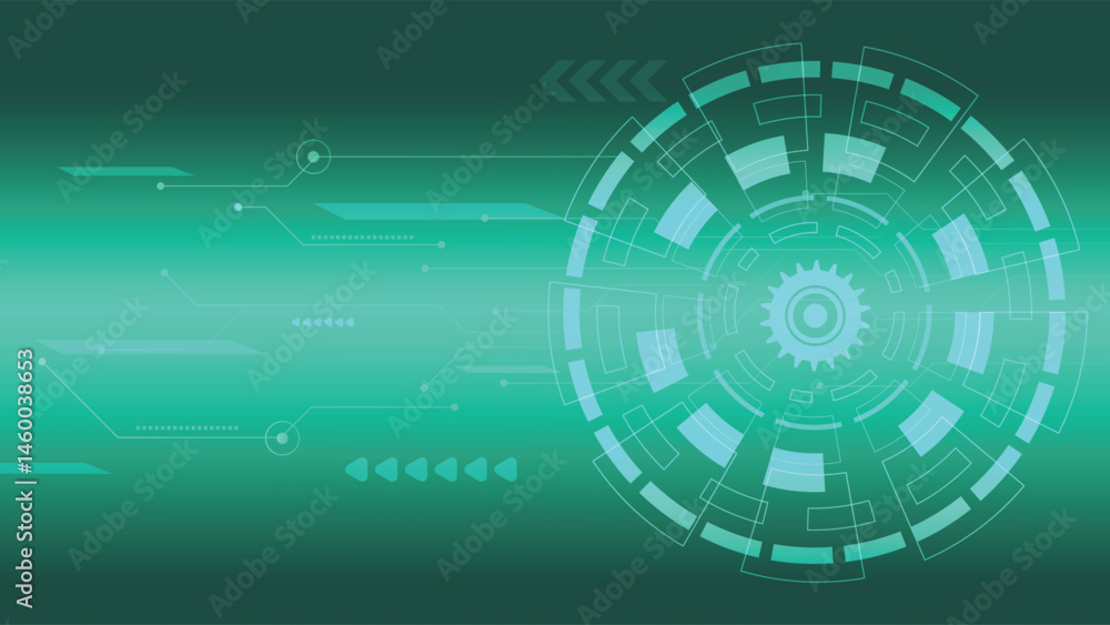 Poster green digital technology background featuring gear style circular interface and glowing circuit line