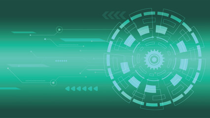 Obraz premium Green digital technology background featuring gear style circular interface and glowing circuit lines ideal for modern innovation and electronics presentations