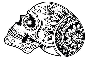 60 Intricate sugar skull, Day of the Dead design, ornate floral patterns, symmetrical mandala, black and white illustration, highly detailed swirls, circular composition, gothic aesthetic, Mexican fol