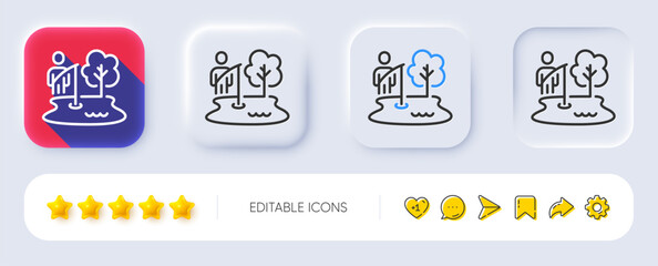 Fishing place line icon. Neumorphic, Flat shadow, 3d buttons. Fisherman with rod sign. Lake with tree symbol. Line fishing place icon. Social media icons. Vector