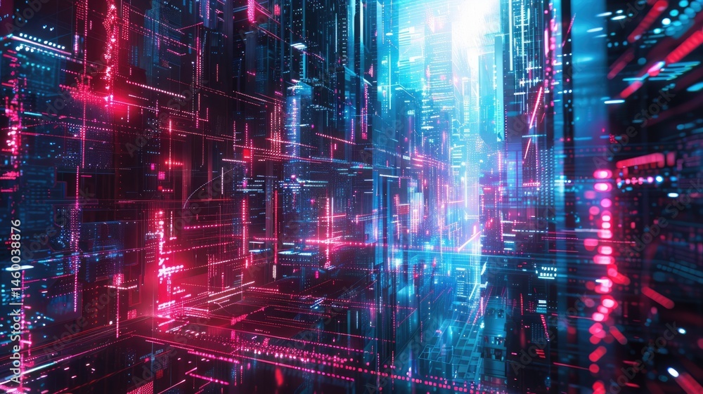 Poster abstract digital shape and particle technological cyber style design connecting become system shape 