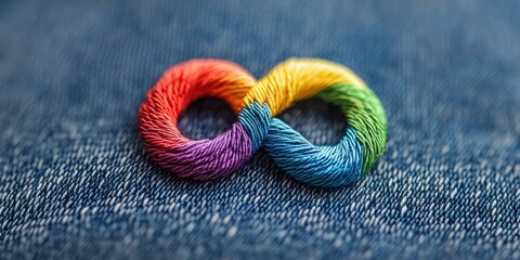 neurodiversity badge, a rainbow infinity symbol badge on denim fabric represents neurodiversity for autistic pride day, with bokeh background and natural lighting