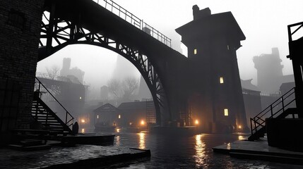 Foggy canal scene with tall tower, arched bridge, stone stairs, and illuminated windows at dusk