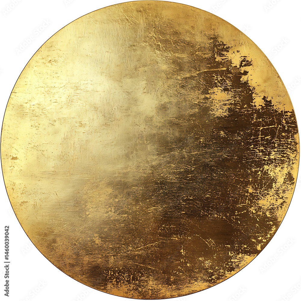 Poster textured golden circle: abstract metallic round plate with artistic grunge surface and subtle light 