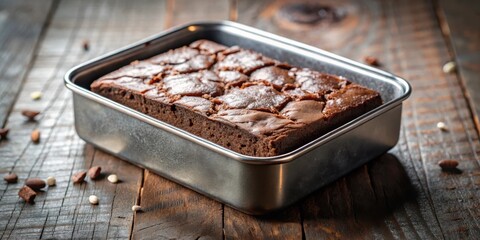 A freshly baked brownie sits in a metal baking pan on a wooden surface. The brownie is still warm and has a slightly cracked top, indicating it was baked to perfection.