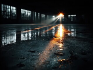 Radiant light beam piercing abandoned warehouse dark industrial setting atmospheric photography