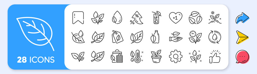 Plants line icons. Interest rate, AI generate, Inflation icons. Mint leaf, Growing plants and Humidity thermometer icons. Bottle with mint water, Nature care, leaf on hand. Vector