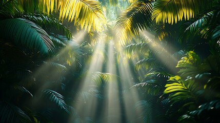 Sunlight streams through lush tropical foliage.