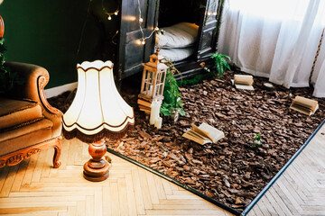 Unique indoor setting with natural elements and cozy lighting in a well-decorated room