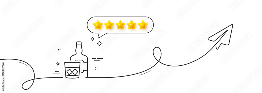 Poster whiskey glass with ice cubes line icon. continuous line with share plane. scotch alcohol sign. five 