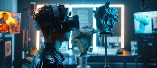 A VR artist in an advanced studio with an AI assistant as a digital sculpting tool providing real-time 3D modeling suggestions. Bright lighting enhances the experience. AIG60