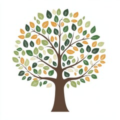 Obraz premium A stylized tree illustration with multicolored leaves in green, yellow, and orange on a white background.