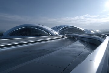 Futuristic architectural rendering of dome-shaped building with curving roadways and reflective metallic surface