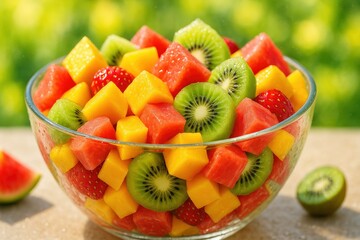 Vibrant fruit salad with strawberries, mangos, kiwi, and watermelon cubes in glass bowl