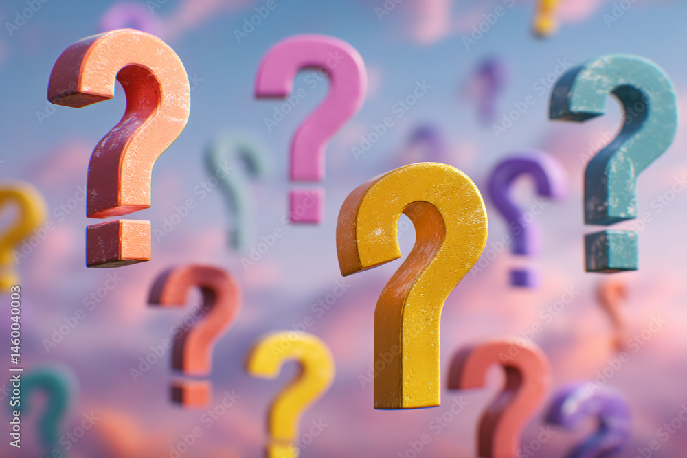 Poster colorful question marks float against a soft, pastel sky background, symbolizing uncertainty, inquir