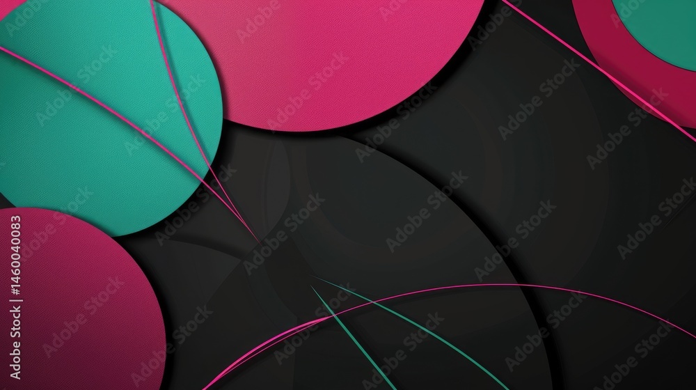 Poster pink black green with geometric shapes on surface of digital cyber design express scene of cyberspac